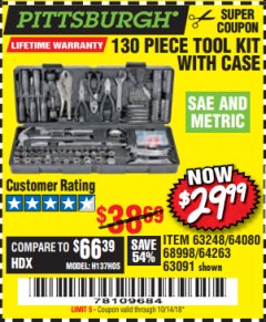 Harbor Freight Coupon 130 PIECE TOOL KIT WITH CASE Lot No. 64263/68998/63091/63248/64080 Expired: 10/14/18 - $29.99