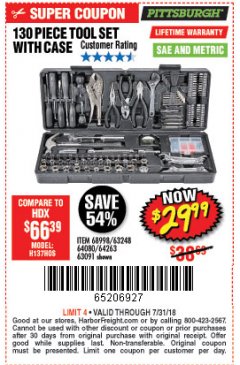 Harbor Freight Coupon 130 PIECE TOOL KIT WITH CASE Lot No. 64263/68998/63091/63248/64080 Expired: 7/31/18 - $29.99