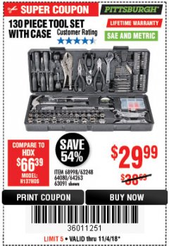 Harbor Freight Coupon 130 PIECE TOOL KIT WITH CASE Lot No. 64263/68998/63091/63248/64080 Expired: 11/4/18 - $29.99