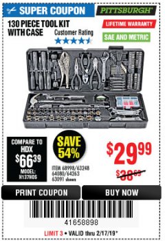 Harbor Freight Coupon 130 PIECE TOOL KIT WITH CASE Lot No. 64263/68998/63091/63248/64080 Expired: 2/17/19 - $29.99