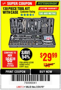 Harbor Freight Coupon PITTSBURGH TOOL SET WITH CASE, 130-PIECE Lot No. 64263 Expired: 2/24/19 - $29.99