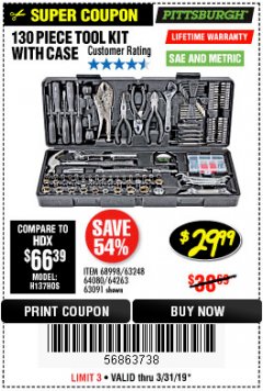 Harbor Freight Coupon 130 PIECE TOOL KIT WITH CASE Lot No. 64263/68998/63091/63248/64080 Expired: 3/31/19 - $29.99