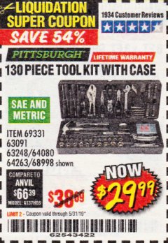 Harbor Freight Coupon 130 PIECE TOOL KIT WITH CASE Lot No. 64263/68998/63091/63248/64080 Expired: 5/31/19 - $29.99