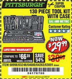 Harbor Freight Coupon PITTSBURGH TOOL SET WITH CASE, 130-PIECE Lot No. 64263 Expired: 8/5/19 - $29.99