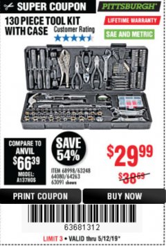 Harbor Freight Coupon PITTSBURGH TOOL SET WITH CASE, 130-PIECE Lot No. 64263 Expired: 5/12/19 - $29.99