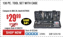 Harbor Freight Coupon 130 PIECE TOOL KIT WITH CASE Lot No. 64263/68998/63091/63248/64080 Expired: 5/31/19 - $29.99