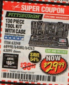 Harbor Freight Coupon PITTSBURGH TOOL SET WITH CASE, 130-PIECE Lot No. 64263 Expired: 7/31/19 - $29.99