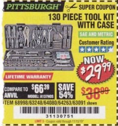 Harbor Freight Coupon PITTSBURGH TOOL SET WITH CASE, 130-PIECE Lot No. 64263 Expired: 11/15/19 - $29.99