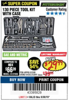 Harbor Freight Coupon 130 PIECE TOOL KIT WITH CASE Lot No. 64263/68998/63091/63248/64080 Expired: 9/30/19 - $29.99