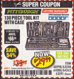 Harbor Freight Coupon PITTSBURGH TOOL SET WITH CASE, 130-PIECE Lot No. 64263 Expired: 10/31/19 - $29.99