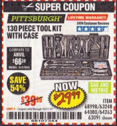 Harbor Freight Coupon 130 PIECE TOOL KIT WITH CASE Lot No. 64263/68998/63091/63248/64080 Expired: 10/31/19 - $29.99