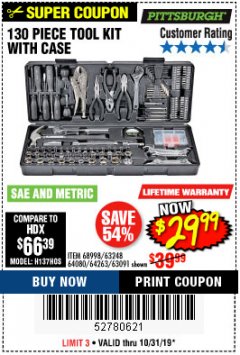 Harbor Freight Coupon 130 PIECE TOOL KIT WITH CASE Lot No. 64263/68998/63091/63248/64080 Expired: 10/31/19 - $29.99