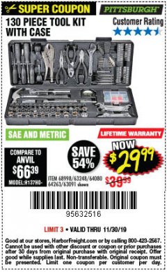 Harbor Freight Coupon 130 PIECE TOOL KIT WITH CASE Lot No. 64263/68998/63091/63248/64080 Expired: 11/30/19 - $29.99