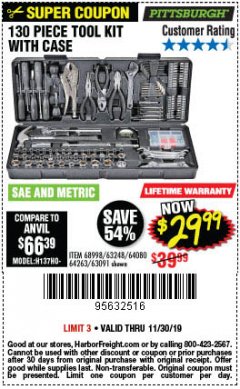 Harbor Freight Coupon PITTSBURGH TOOL SET WITH CASE, 130-PIECE Lot No. 64263 Expired: 11/30/19 - $29.99