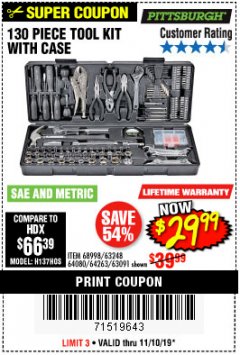 Harbor Freight Coupon 130 PIECE TOOL KIT WITH CASE Lot No. 64263/68998/63091/63248/64080 Expired: 11/10/19 - $29.99