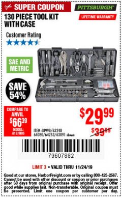 Harbor Freight Coupon PITTSBURGH TOOL SET WITH CASE, 130-PIECE Lot No. 64263 Expired: 11/24/19 - $29.99
