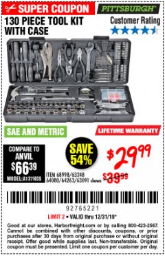 Harbor Freight Coupon 130 PIECE TOOL KIT WITH CASE Lot No. 64263/68998/63091/63248/64080 Expired: 12/31/19 - $29.99