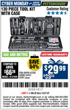 Harbor Freight Coupon 130 PIECE TOOL KIT WITH CASE Lot No. 64263/68998/63091/63248/64080 Expired: 12/1/19 - $29.99