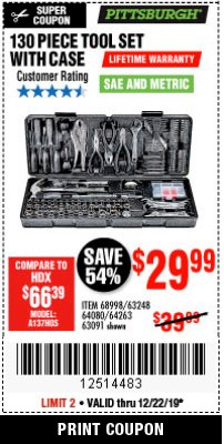 Harbor Freight Coupon 130 PIECE TOOL KIT WITH CASE Lot No. 64263/68998/63091/63248/64080 Expired: 12/22/19 - $29.99