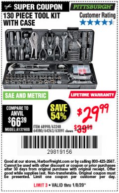 Harbor Freight Coupon 130 PIECE TOOL KIT WITH CASE Lot No. 64263/68998/63091/63248/64080 Expired: 1/8/20 - $29.99