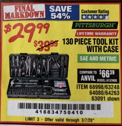Harbor Freight Coupon 130 PIECE TOOL KIT WITH CASE Lot No. 64263/68998/63091/63248/64080 Expired: 3/7/20 - $29.99