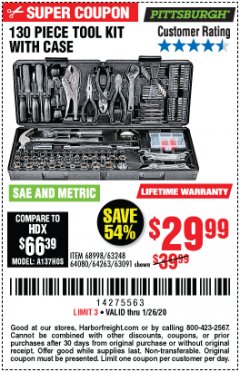 Harbor Freight Coupon 130 PIECE TOOL KIT WITH CASE Lot No. 64263/68998/63091/63248/64080 Expired: 1/26/20 - $29.99