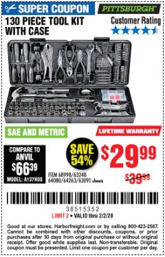 Harbor Freight Coupon 130 PIECE TOOL KIT WITH CASE Lot No. 64263/68998/63091/63248/64080 Expired: 2/2/20 - $29.99