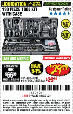 Harbor Freight Coupon 130 PIECE TOOL KIT WITH CASE Lot No. 64263/68998/63091/63248/64080 Expired: 3/31/20 - $29.99