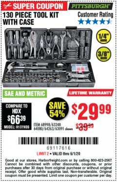 Harbor Freight Coupon 130 PIECE TOOL KIT WITH CASE Lot No. 64263/68998/63091/63248/64080 Expired: 6/30/20 - $29.99