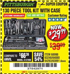 Harbor Freight Coupon 130 PIECE TOOL KIT WITH CASE Lot No. 64263/68998/63091/63248/64080 Expired: 8/19/20 - $29.99