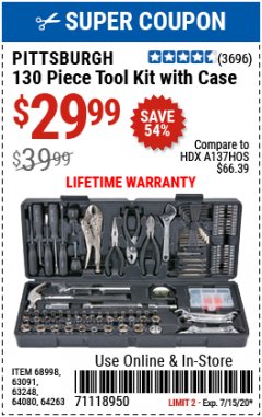 Harbor Freight Coupon 130 PIECE TOOL KIT WITH CASE Lot No. 64263/68998/63091/63248/64080 Expired: 7/15/20 - $29.99