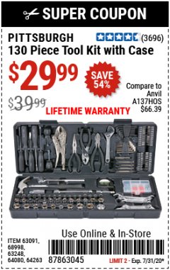 Harbor Freight Coupon 130 PIECE TOOL KIT WITH CASE Lot No. 64263/68998/63091/63248/64080 Expired: 7/31/20 - $29.99