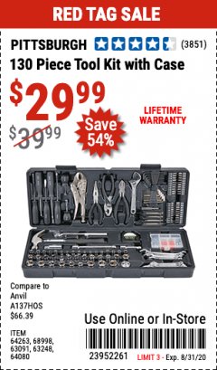 Harbor Freight Coupon 130 PIECE TOOL KIT WITH CASE Lot No. 64263/68998/63091/63248/64080 Expired: 8/31/20 - $29.99