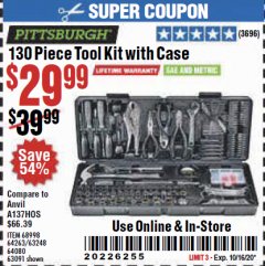 Harbor Freight Coupon 130 PIECE TOOL KIT WITH CASE Lot No. 64263/68998/63091/63248/64080 Expired: 10/16/20 - $29.99