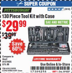 Harbor Freight Coupon 130 PIECE TOOL KIT WITH CASE Lot No. 64263/68998/63091/63248/64080 Expired: 10/19/20 - $29.99