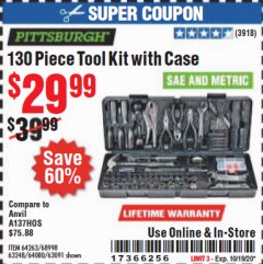 Harbor Freight Coupon PITTSBURGH TOOL SET WITH CASE, 130-PIECE Lot No. 64263 Expired: 10/19/20 - $29.99