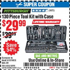Harbor Freight Coupon PITTSBURGH TOOL SET WITH CASE, 130-PIECE Lot No. 64263 Expired: 11/13/20 - $29.99