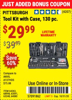 Harbor Freight Coupon 130 PIECE TOOL KIT WITH CASE Lot No. 64263/68998/63091/63248/64080 Expired: 10/31/20 - $29.99