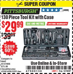 Harbor Freight Coupon 130 PIECE TOOL KIT WITH CASE Lot No. 64263/68998/63091/63248/64080 Expired: 12/18/20 - $29.99
