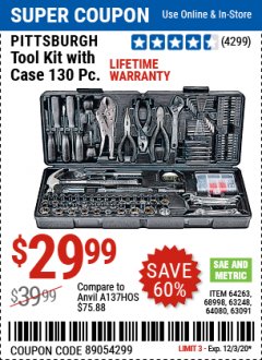 Harbor Freight Coupon 130 PIECE TOOL KIT WITH CASE Lot No. 64263/68998/63091/63248/64080 Expired: 12/3/20 - $29.99