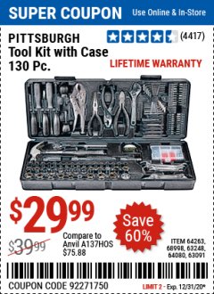 Harbor Freight Coupon 130 PIECE TOOL KIT WITH CASE Lot No. 64263/68998/63091/63248/64080 Expired: 12/31/20 - $29.99