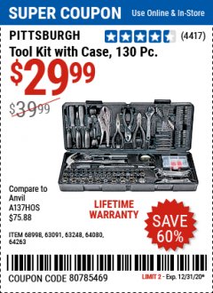 Harbor Freight Coupon 130 PIECE TOOL KIT WITH CASE Lot No. 64263/68998/63091/63248/64080 Expired: 12/31/20 - $29.99