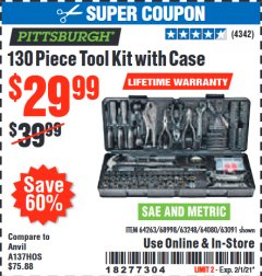 Harbor Freight Coupon 130 PIECE TOOL KIT WITH CASE Lot No. 64263/68998/63091/63248/64080 Expired: 2/1/21 - $29.99