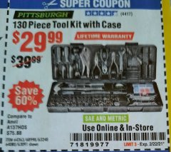 Harbor Freight Coupon 130 PIECE TOOL KIT WITH CASE Lot No. 64263/68998/63091/63248/64080 Expired: 2/22/21 - $29.99