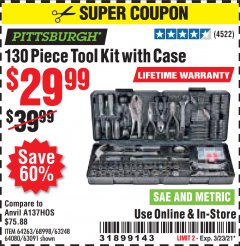 Harbor Freight Coupon 130 PIECE TOOL KIT WITH CASE Lot No. 64263/68998/63091/63248/64080 Expired: 3/23/21 - $29.99