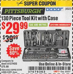 Harbor Freight Coupon 130 PIECE TOOL KIT WITH CASE Lot No. 64263/68998/63091/63248/64080 Expired: 3/2/21 - $29.99