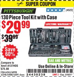 Harbor Freight Coupon 130 PIECE TOOL KIT WITH CASE Lot No. 64263/68998/63091/63248/64080 Expired: 3/16/21 - $29.99