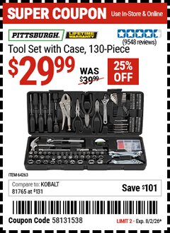 Harbor Freight Coupon PITTSBURGH TOOL SET WITH CASE, 130-PIECE Lot No. 64263 Expired: 8/2/26 - $29.99