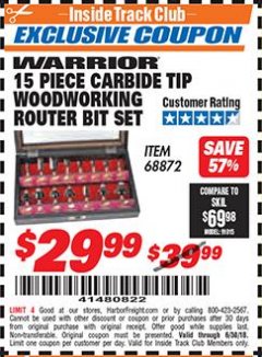 Harbor Freight ITC Coupon 15 PIECE CARBIDE TIP WOODWORKING ROUTER BIT SET Lot No. 68872 Expired: 6/30/18 - $29.99