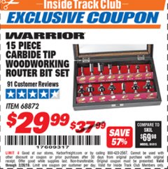 Harbor Freight ITC Coupon 15 PIECE CARBIDE TIP WOODWORKING ROUTER BIT SET Lot No. 68872 Expired: 2/28/19 - $29.99